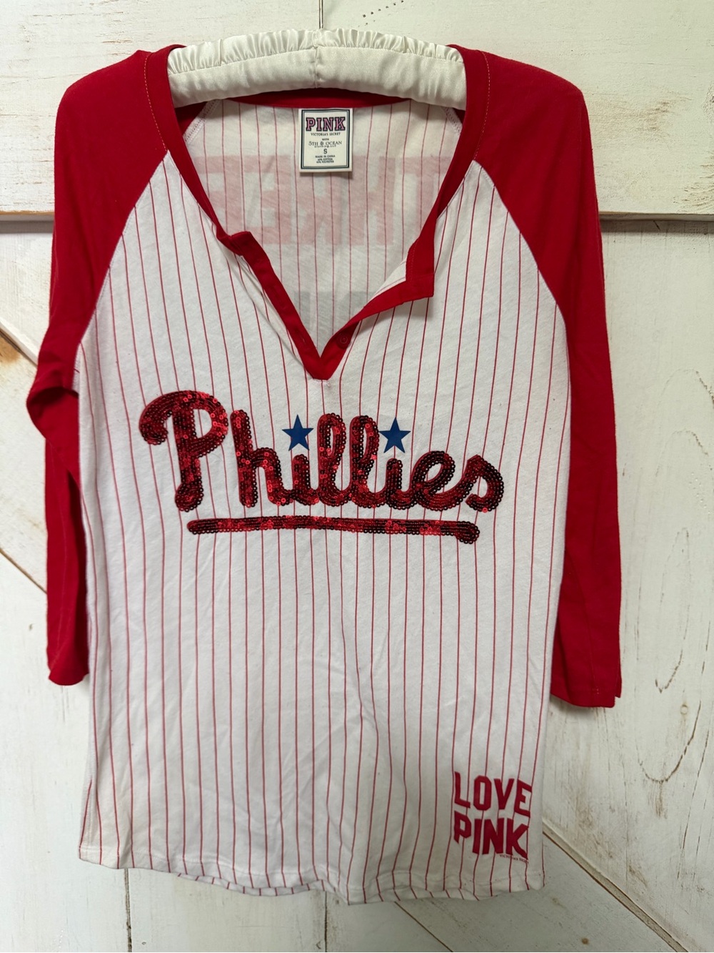 Vintage PINK Victoria's Secret White Tee with Red Pinstripes and Red Trim - Picture 1 of 4